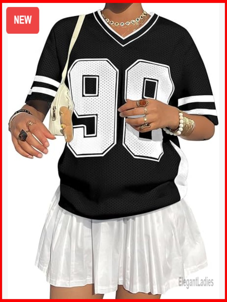 Y2k Oversized V Neck Jersey Shirt Women Casual Streetwear Summer Top